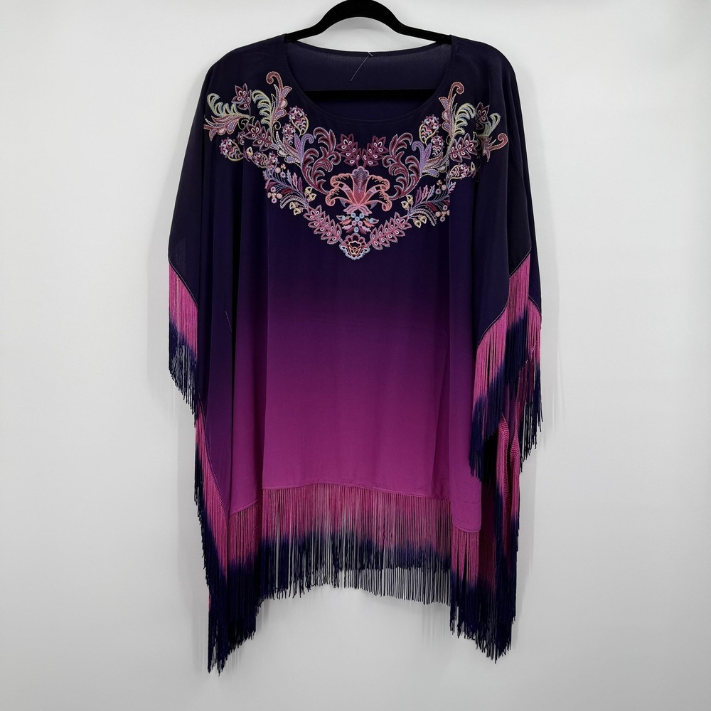 Johnny Was Alani Ombre Poncho Womens Large Embroidered Fringe Silk Festival‎